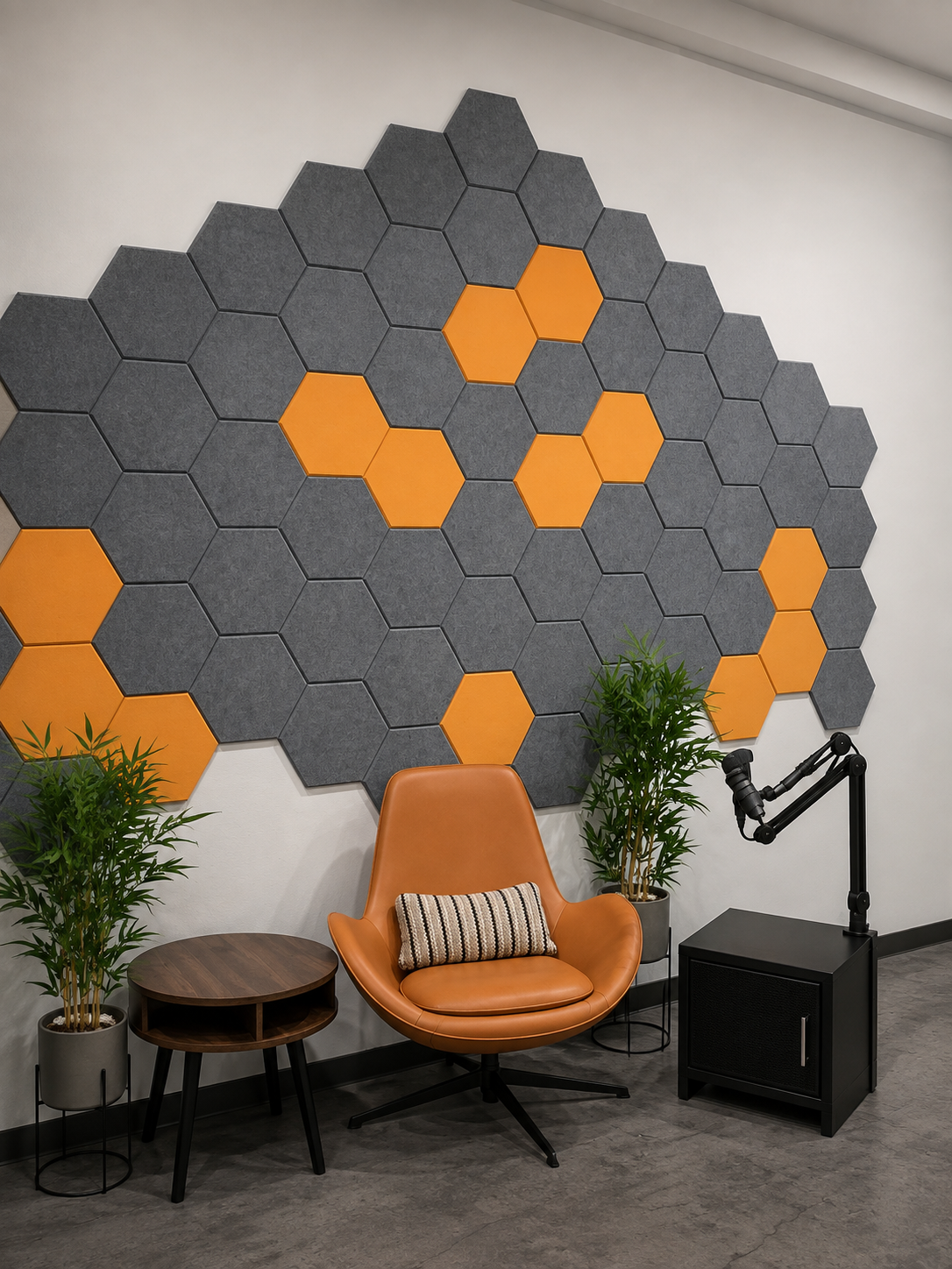 Hexagonal acoustic wall panels in dark gray and bright orange arranged on a white wall in a modern office setting, with an orange swivel chair, potted plants, a small round table, and a black office cabinet below.