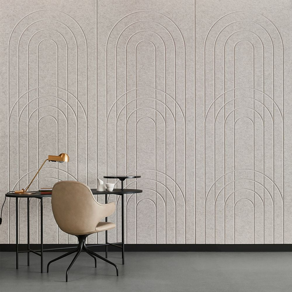 Archscape PET felt acoustic panels featuring engraved arch patterns for premium interior spaces.
