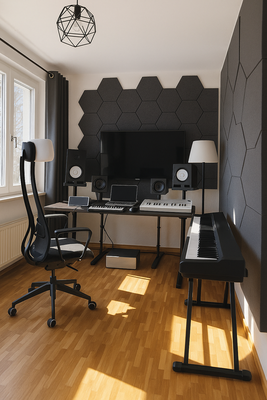 Hexagon PET felt acoustic panels arranged in a honeycomb design for offices, homes and commercial interiors.