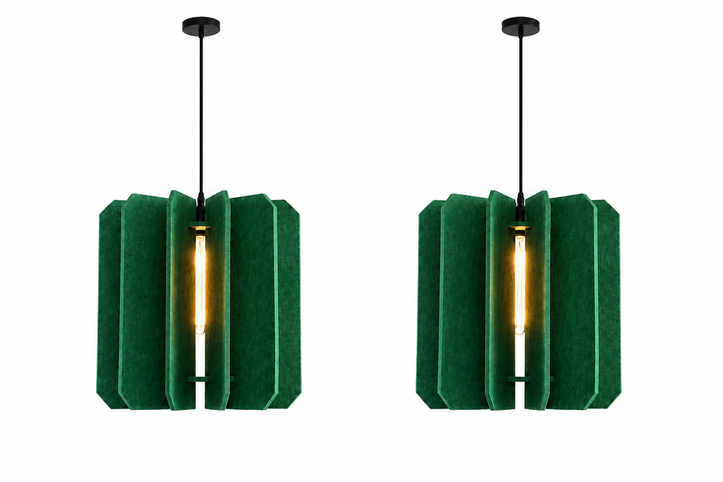 Two matching green textured pendant lights with black hanging rods and glowing warm bulbs, shown side by side on a plain white background.