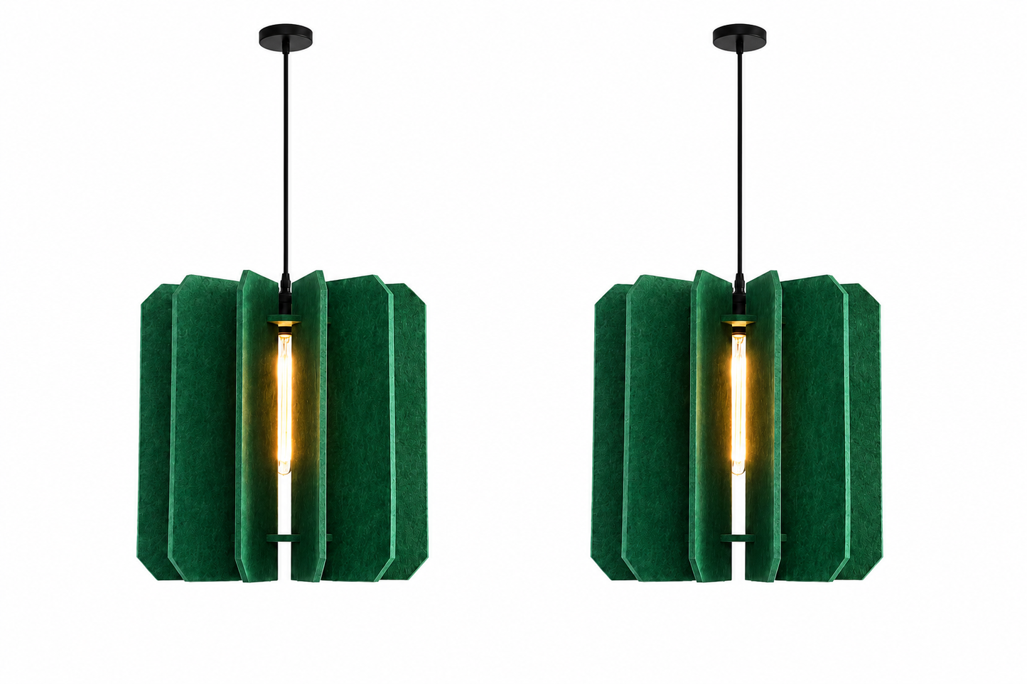 Two matching green textured pendant lights with black hanging rods and glowing warm bulbs, shown side by side on a plain white background.