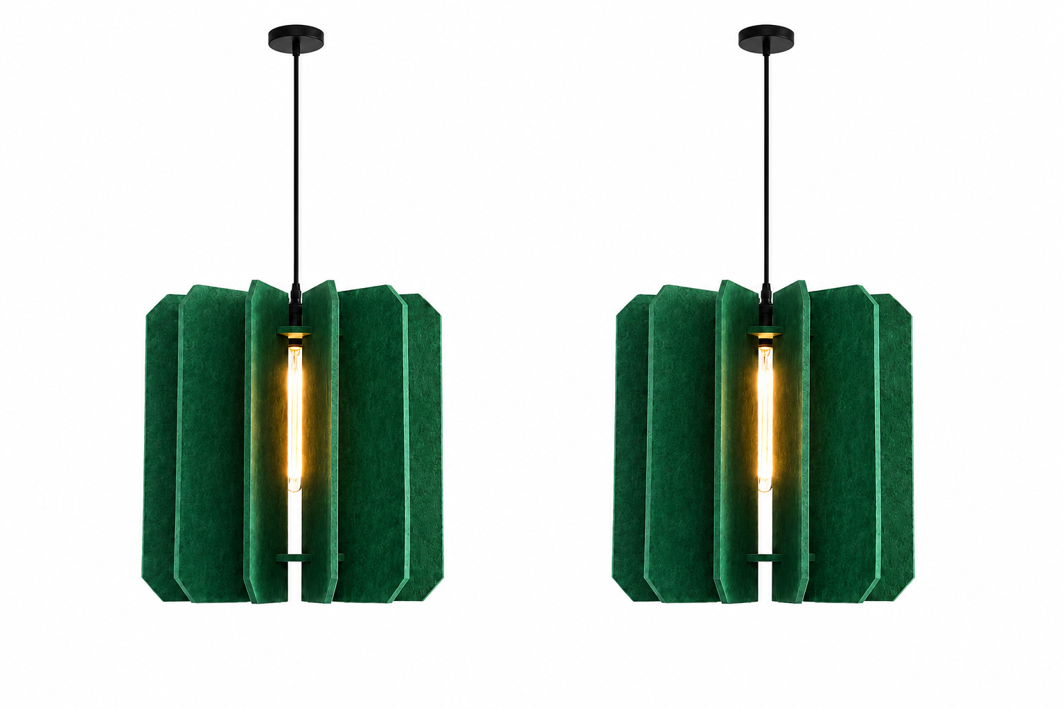 Two matching green textured pendant lights with black hanging rods and glowing warm bulbs, shown side by side on a plain white background.