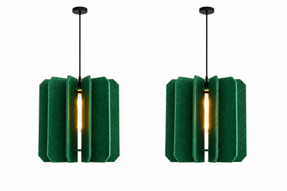 Two matching green textured pendant lights with black hanging rods and glowing warm bulbs, shown side by side on a plain white background.