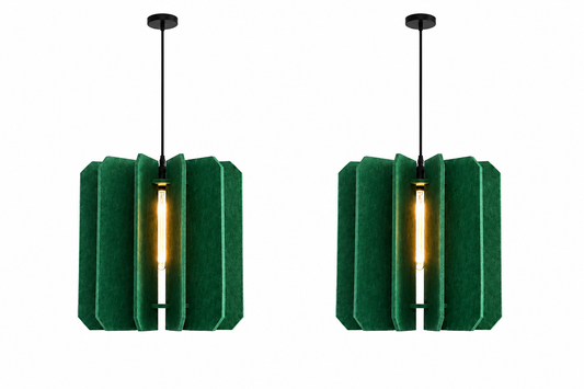 Two matching green textured pendant lights with black hanging rods and glowing warm bulbs, shown side by side on a plain white background.