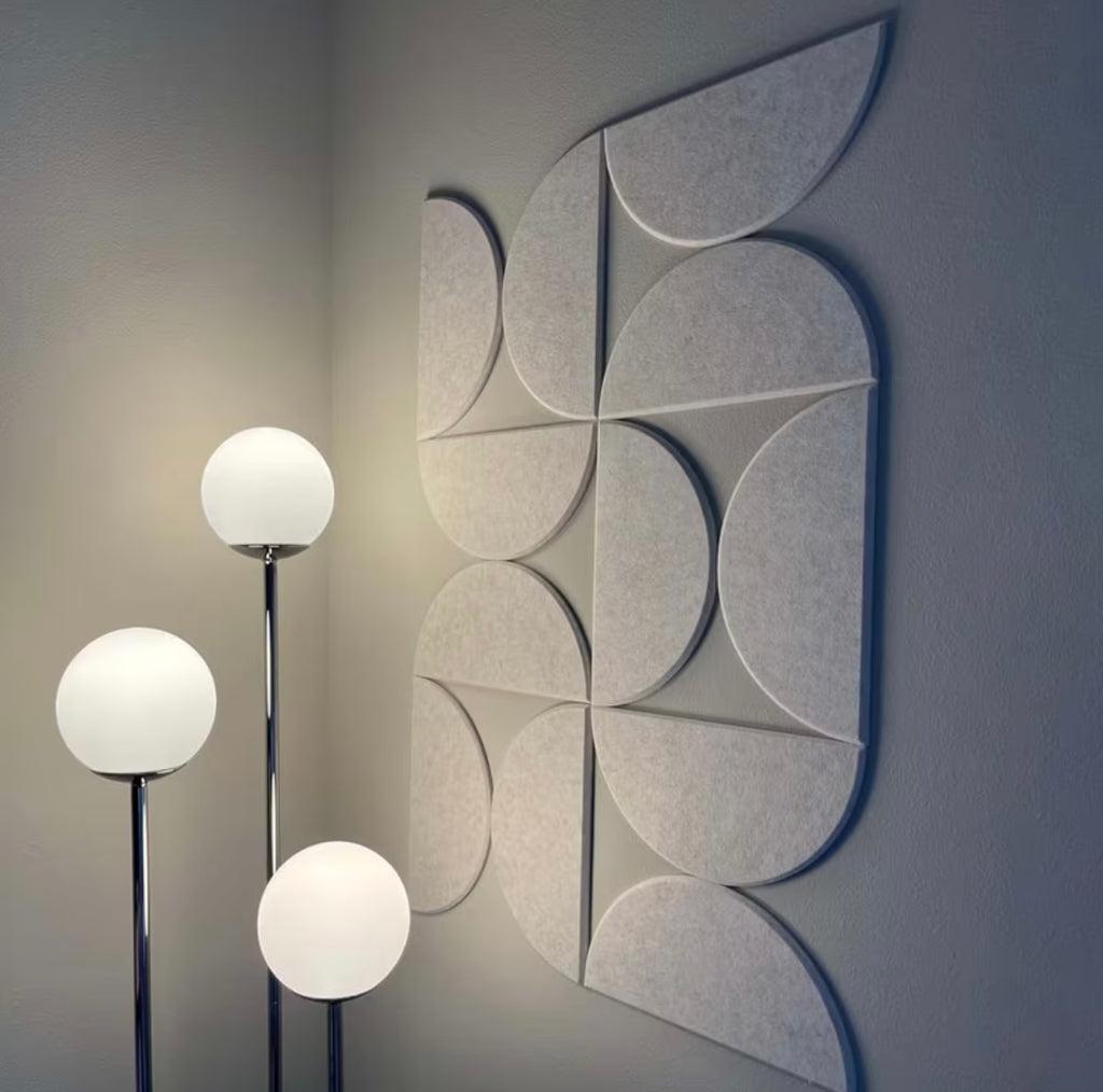 Semi-circle PET felt acoustic panels installed in a modern home to reduce echo and enhance interior design.