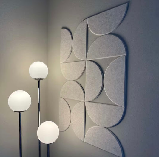 Semi-circle PET felt acoustic panels installed in a modern home to reduce echo and enhance interior design.