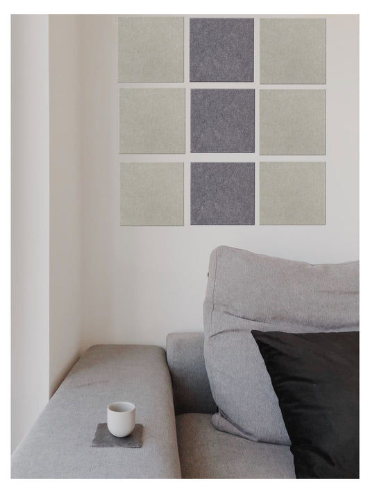 Square PET felt acoustic panels creating clean minimalist feature walls with superior acoustic performance.
