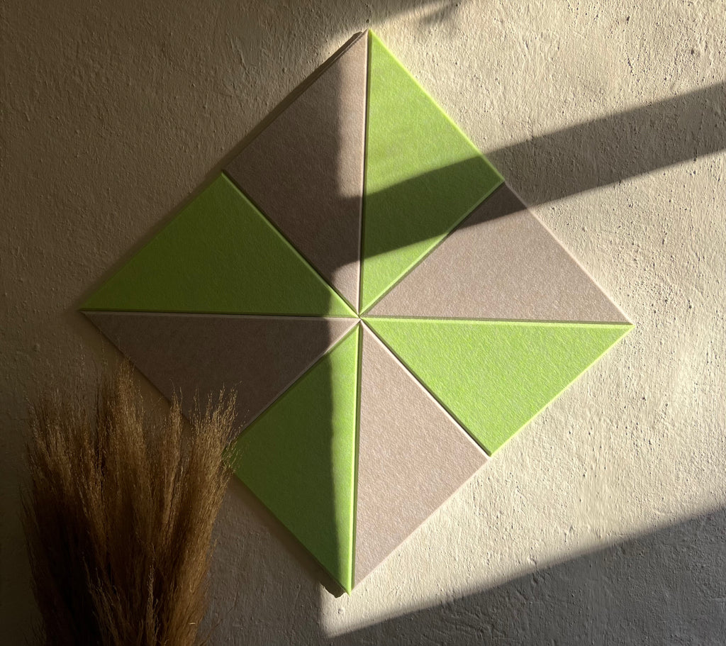 Triangle PET felt acoustic panels arranged into creative geometric wall designs for modern interiors