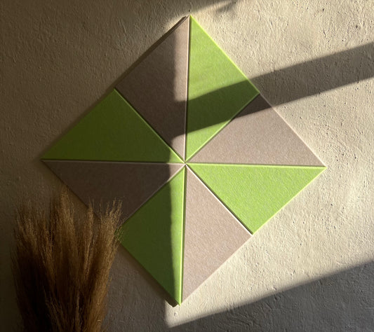 Triangle PET felt acoustic panels arranged into creative geometric wall designs for modern interiors