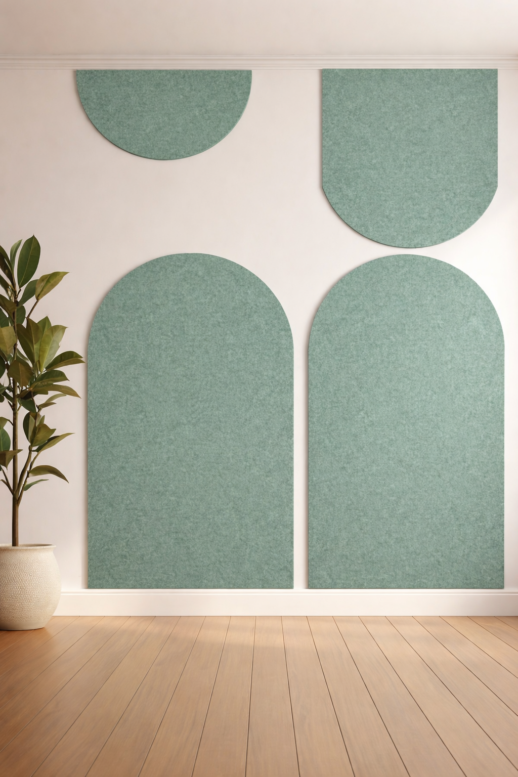 Half Oval PET felt acoustic panels creating a modern decorative feature wall with acoustic performance.