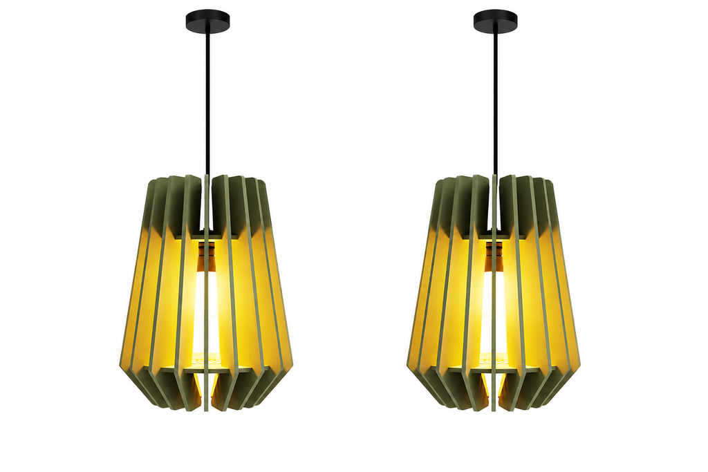 Two matching modern pendant lights with dark metal ceiling canopies and black hanging rods, featuring pleated shades that transition from olive green at the top to bright yellow at the bottom, shown against a plain white background.