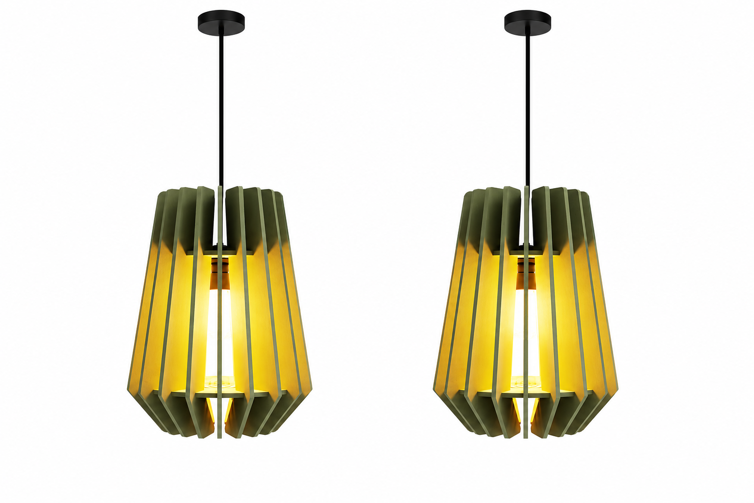 Two matching modern pendant lights with dark metal ceiling canopies and black hanging rods, featuring pleated shades that transition from olive green at the top to bright yellow at the bottom, shown against a plain white background.